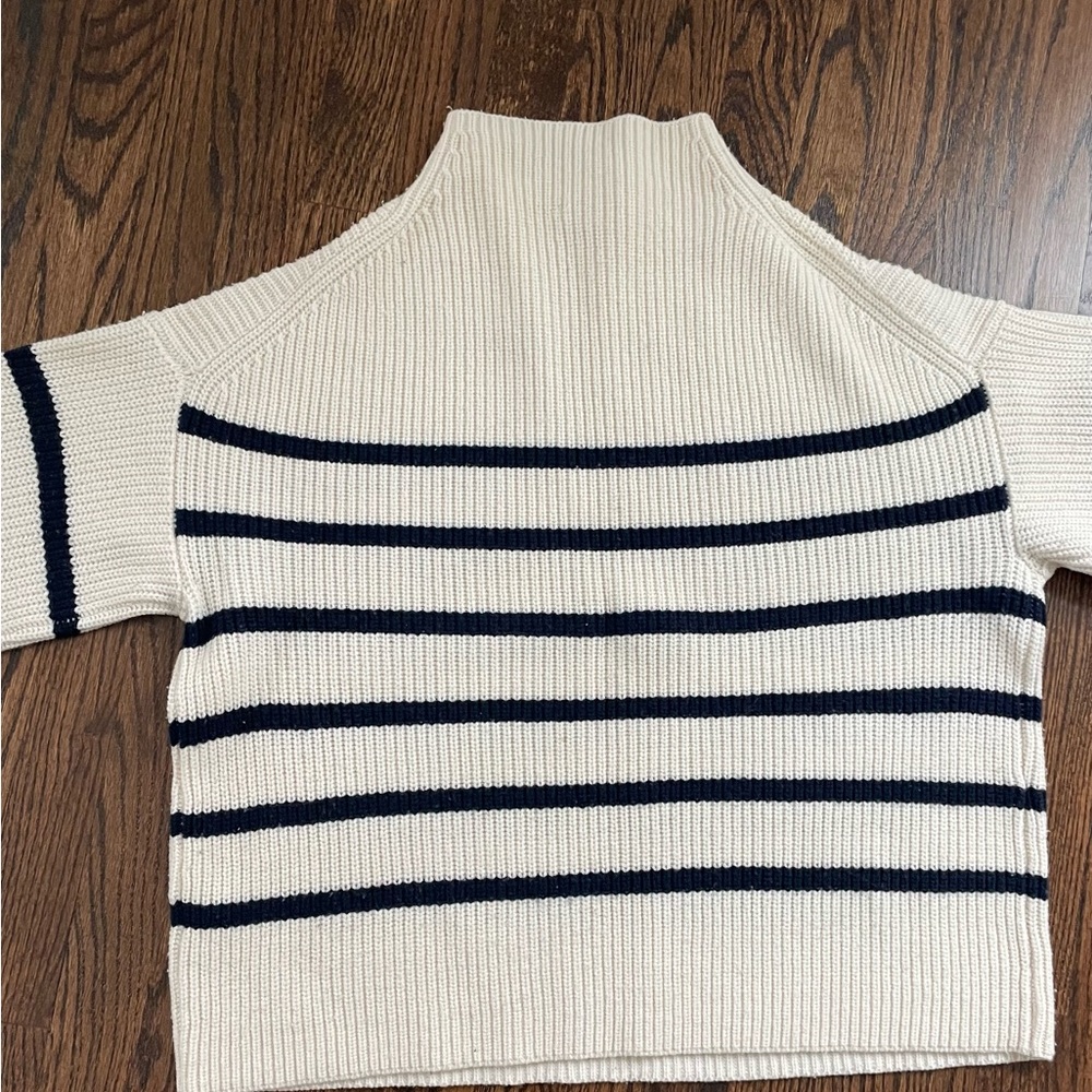 A.L.C. Cream and Blue High Neck Sweater with Boxy Fit and Striped Sleeves - Picture 6 of 6